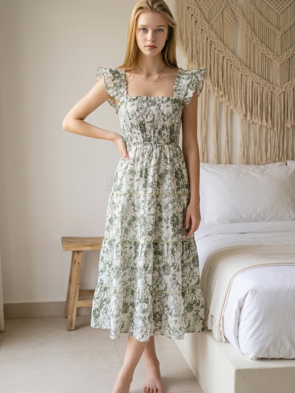 Green Smocked Midi Dress with Ruffle Shoulders